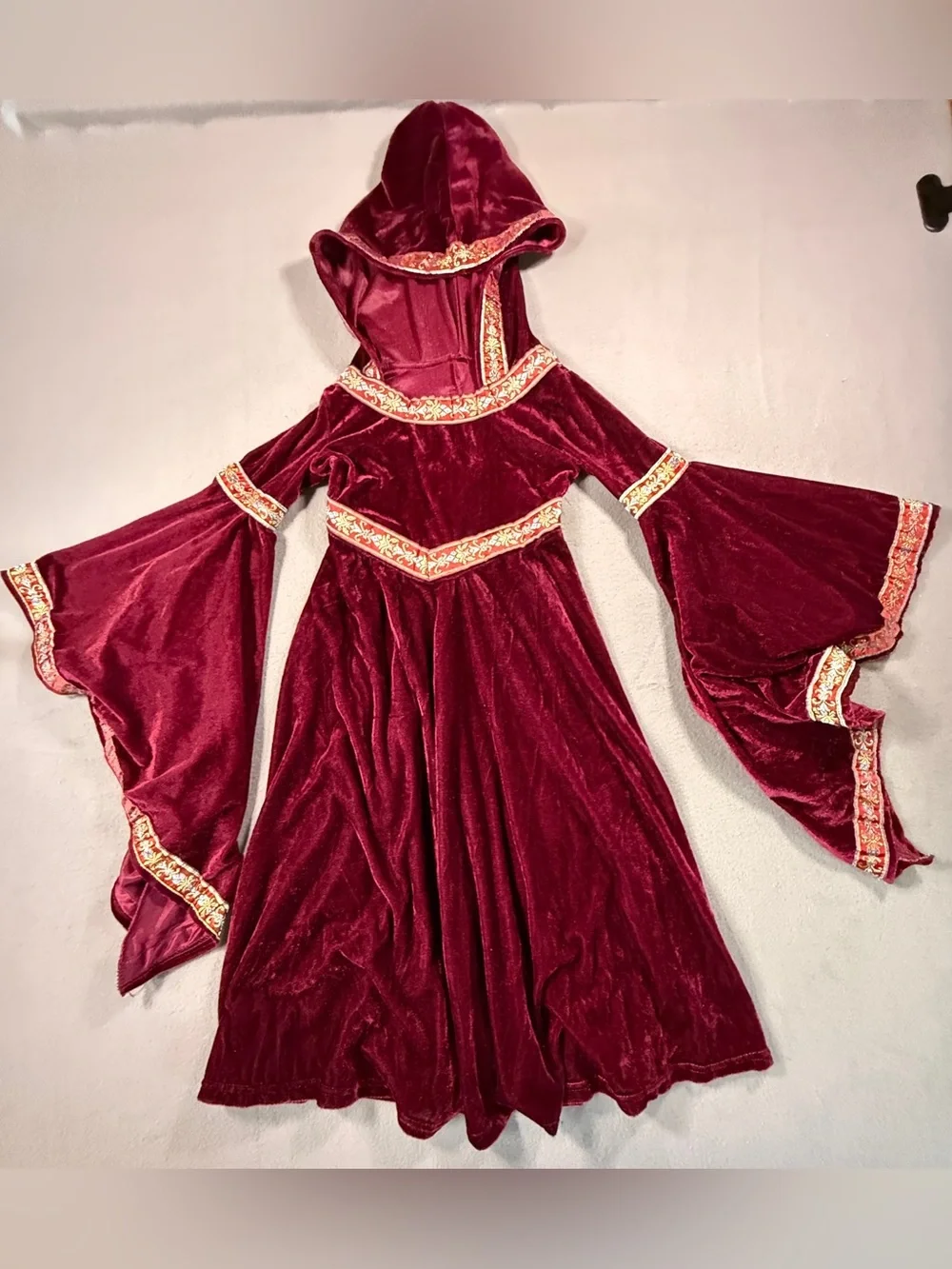 Girls Burgundy Velvet Hooded Medieval Costume Dress